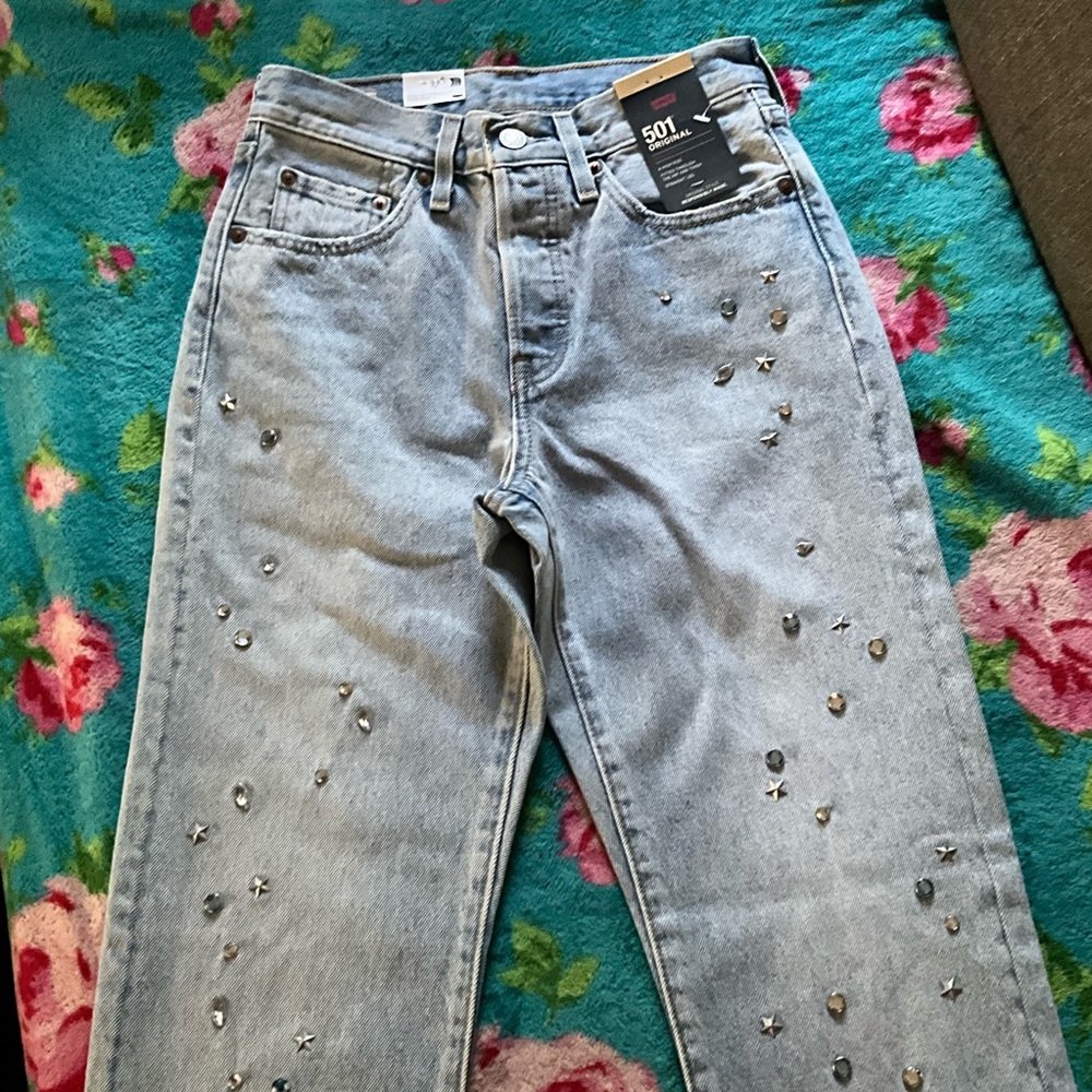 Levi’s 501 Originals bedazzled button fly high rise straight leg jeans 24 $128
